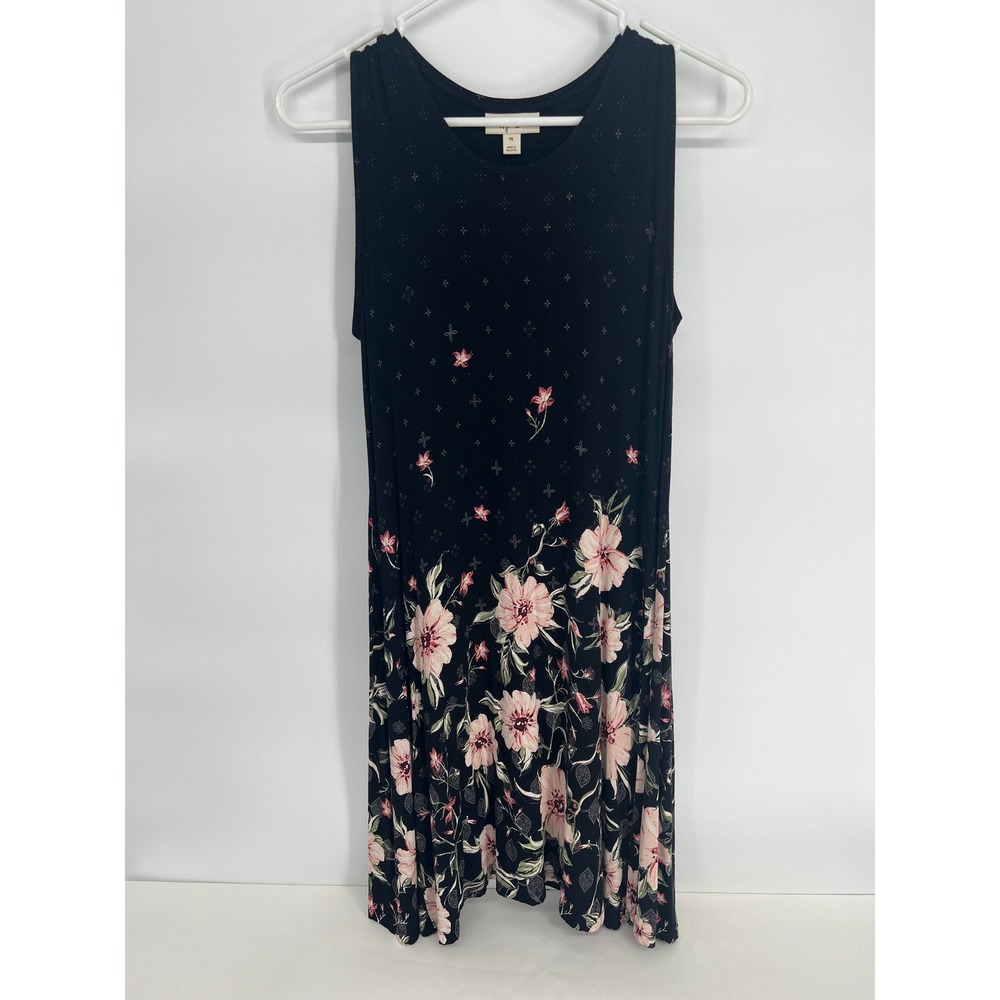 Style & Co Petite Black Floral A-Line Sleeveless Knit Dress PS Crew Neck